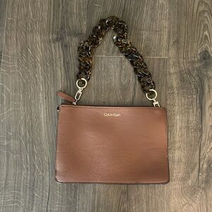Calvin Klein Brown Wristlet Clutch with Tortoiseshell Chain Strap